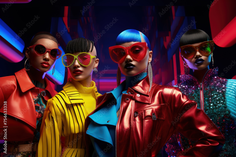 Obraz premium Models Showcase Retro Clothing and Bold, Colorful Accessories with Modern, Eclectic Style in Neon Colors
