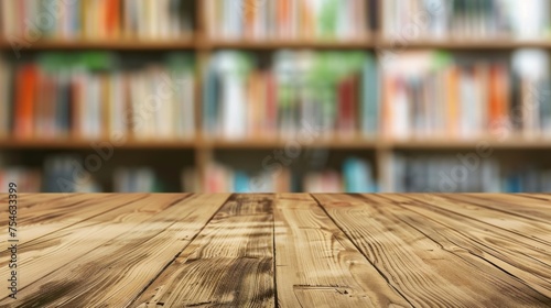 Wooden table top with copy space. Library background