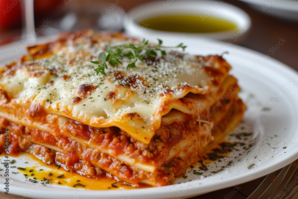 Serving of lasagna on a white plate, garnished with herbs, on a light background Serving of lasagna on a white plate, garnished with herbs, on a light background