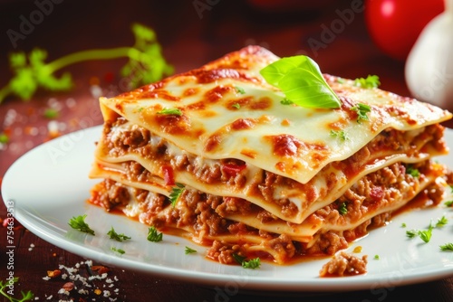 Serving of lasagna on a white plate with tomatoes and herbs in the background, dish presentation.