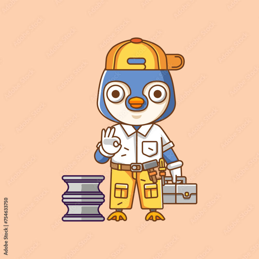 Cute penguin mechanic with tool at workshop cartoon animal character mascot icon flat style illustration concept