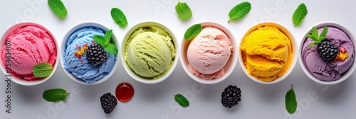 Various flavored ice cream scoops in a row, white background