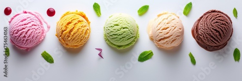 Colorful ice cream scoops with sauce drips and mint leaves photo
