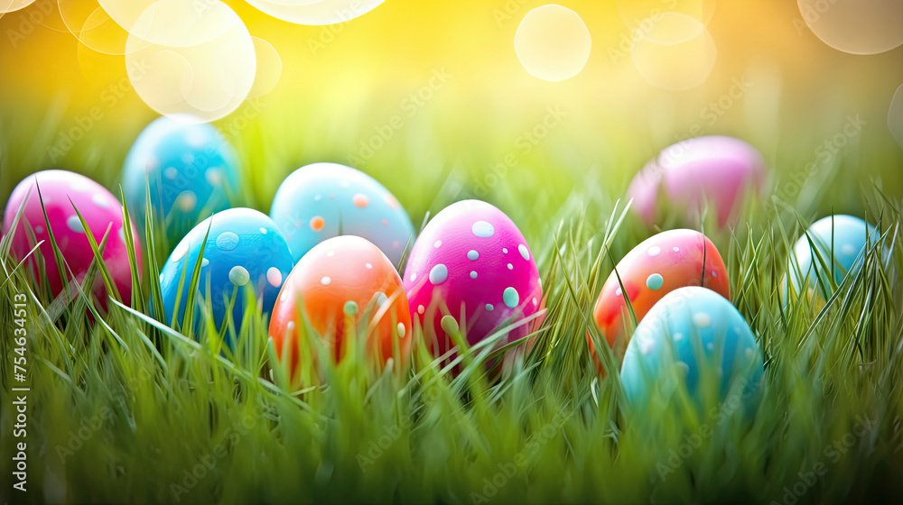 Easter Eggs on Green Grass Field. Blur Bokeh Morning Sunlight Background. Happy Easter Sunday Banner