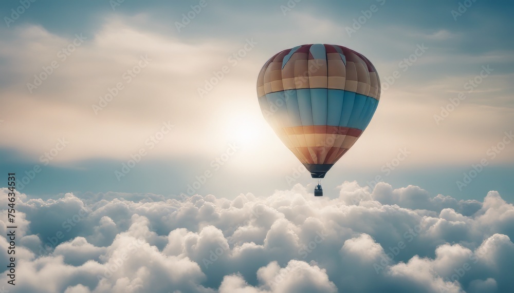Fototapeta premium Hot air balloon rises very high in blue sky above white clouds bright sun shines