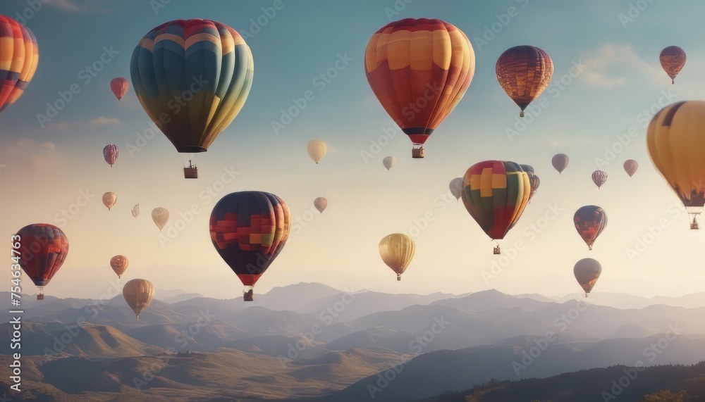 Obraz premium long shot of multi-colored hot air balloons floating above the mountains