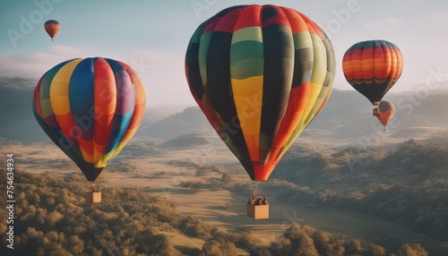 long shot of multi-colored hot air balloons floating above the mountains © Arif