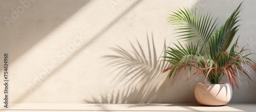 A potted plant is placed next to a white wall, casting a shadow of palm leaves onto the concrete surface. The setting exudes a luxury summer aesthetic with modern tropical design elements.