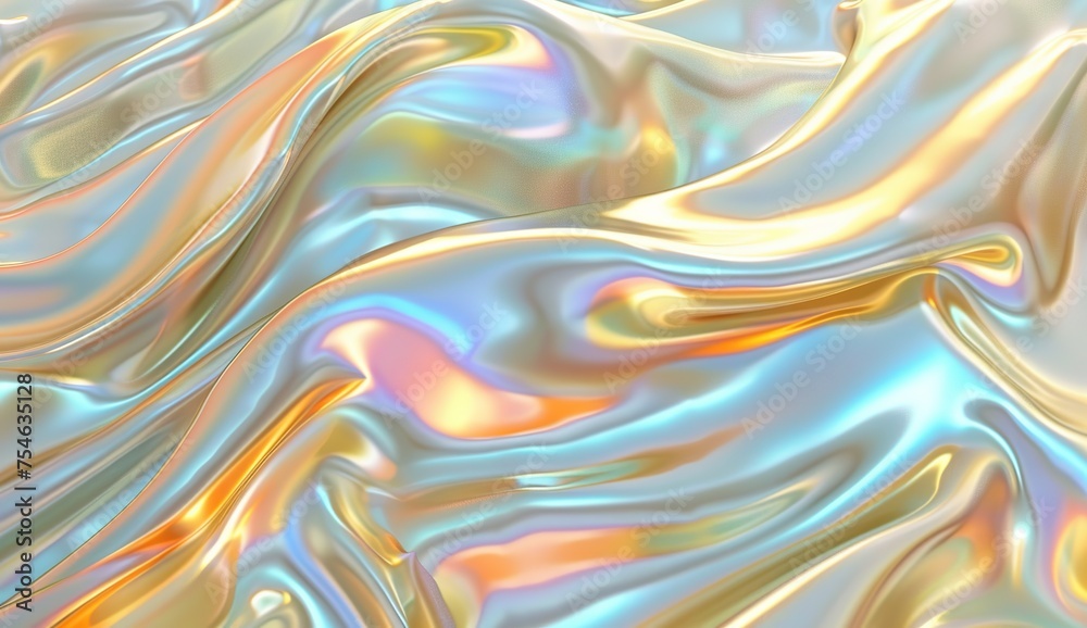 Obraz premium 3D render of a holographic iridescent abstract background with wavy fluid lines,gold pastel colors, in the style of a hologram generative ai