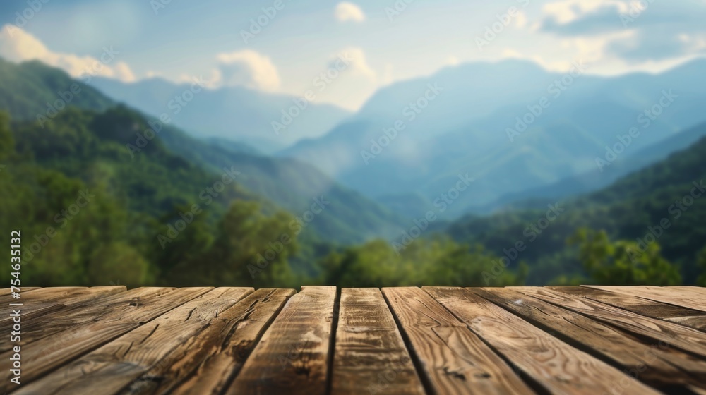 Wooden table top with copy space. Mountains background