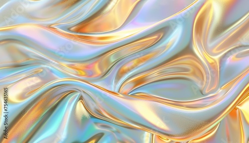 3D render of a holographic iridescent abstract background with wavy fluid lines,gold pastel colors, in the style of a hologram generative ai