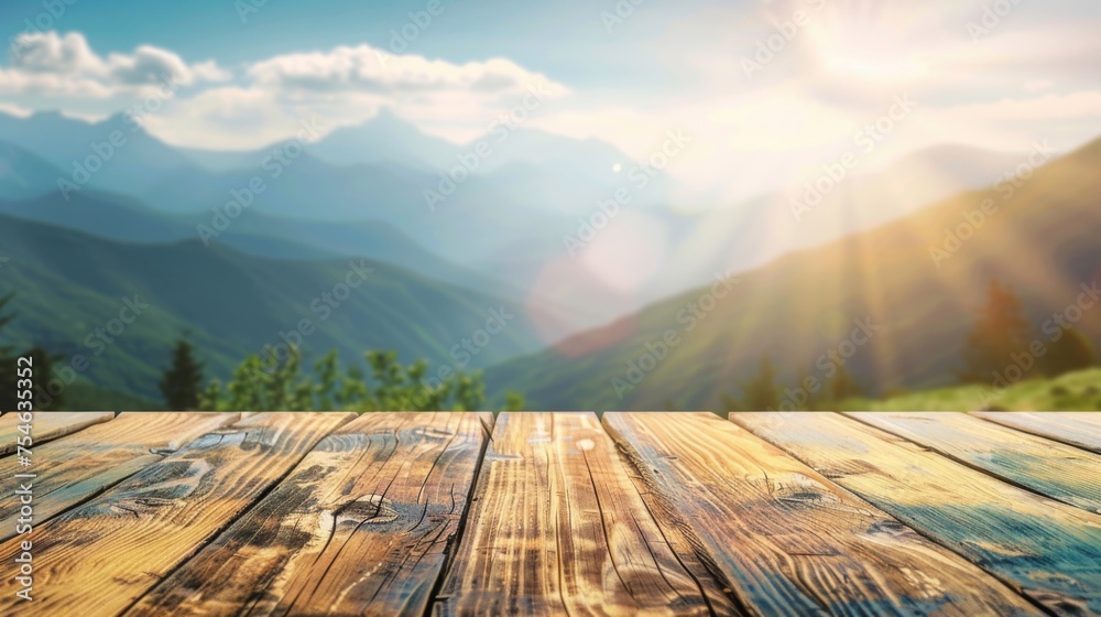Wooden table top with copy space. Mountains background