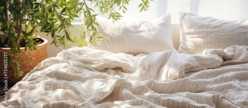 An unmade bed with a white comforter and striped bedding sheets sits in a sunny bedroom. A potted plant adds a touch of greenery to the cozy room in the morning.