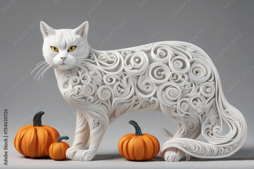a paper quilling of a cat and pumpkins, paper sculpture art design, exquisite creature poster art a paper quilling of a cat and pumpkins, paper sculpture art design, exquisite creature poster art