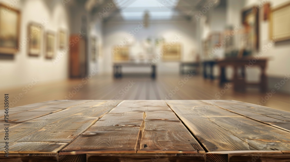 Wooden table top with copy space. Museum background