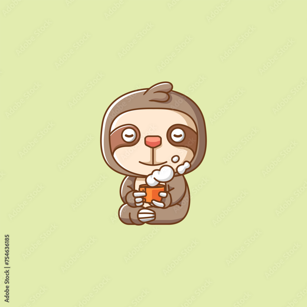 Cute sloth relax with a cup of coffee cartoon animal character mascot icon flat style illustration concept
