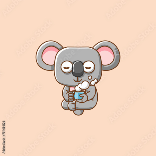 Photography Cute koala relax with a cup of coffee cartoon animal character mascot icon flat
