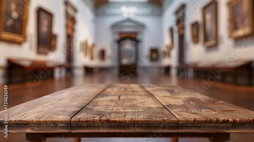 Wooden table top with copy space. Museum background