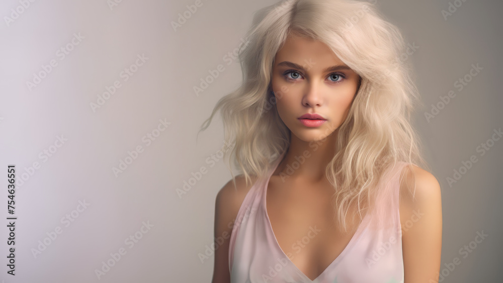 Simple studio portrait of a platinum blond model wearing a light pink top.. Copy space. Simple studio portrait of a platinum blond model wearing a light pink top.. Copy space.
