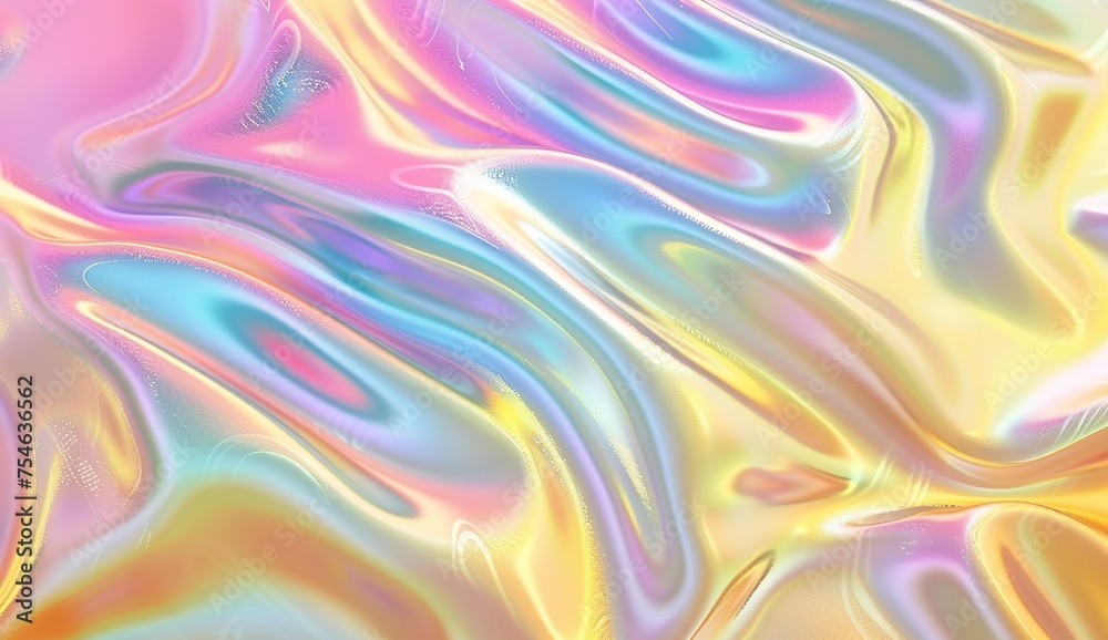 Abstract iridescent holographic background with wavy gradient for design, banner or cover. Hologram effect on soft yellow pastel colors in the style of shiny and glowing 3D render  generative ai