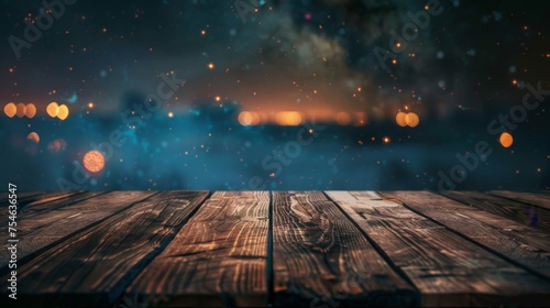Wooden table top with copy space. Night sky background