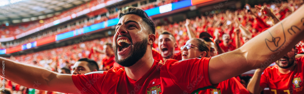Portuguese football soccer fans in a stadium supporting the national team, A Selecao das Quinas
Portuguese football soccer fans in a stadium supporting the national team, A Selecao das Quinas