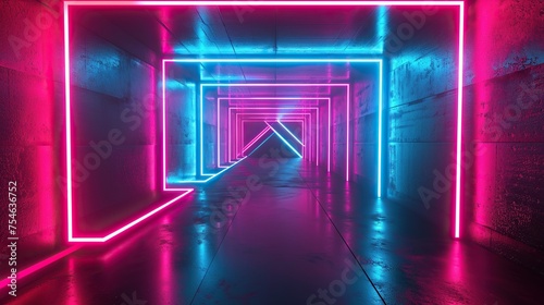Geometric Futuristic neon light Corridor Tunnel. 3D Rendering Illustration