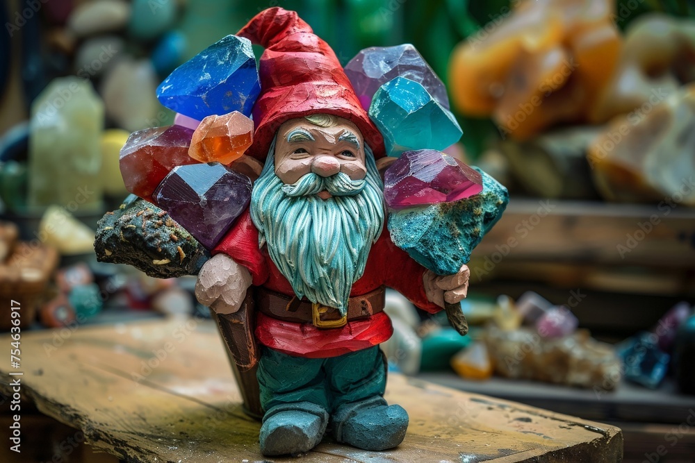 Plasticine gnome with a wheelbarrow full of gems vivid colors popping	
