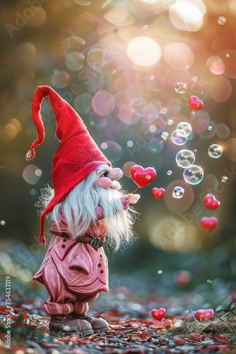 Whimsical gnome in red and pink outfit blowing heart-shaped bubbles