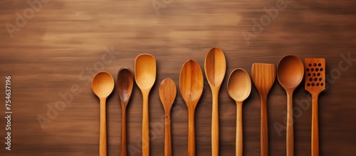 A row of wooden spoons lined neatly against a wall on a brown background. The wooden spoons are upright and orderly, casting shadows against the wall.