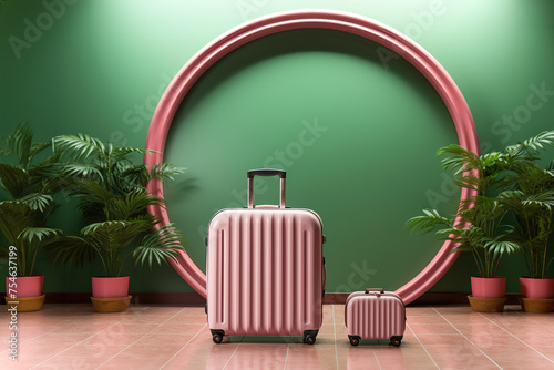 A pink suitcase sitting in front of a green wall and plants. Copy space circle backdrop. Minimalist touristic concept.