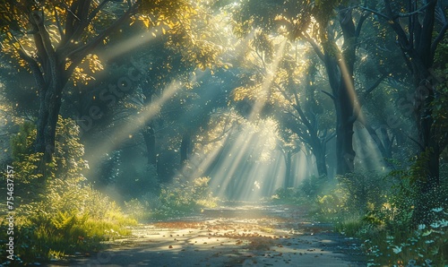 countryside forest road with sunlight ray shine through tree canopy  Generative Ai