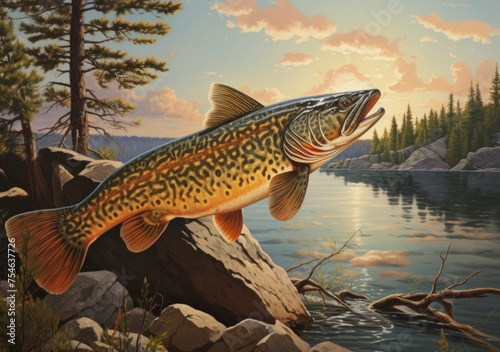 Brown trout fish by the river, rocks and trees clouds and sky. 