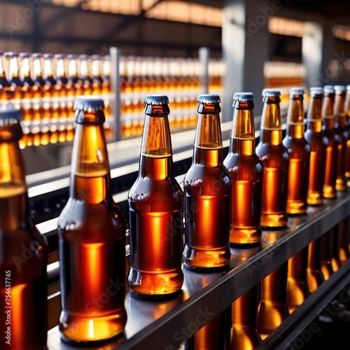 Assembly line bottling plant with glass beer bottles  alcoholic beverage manufacturing production