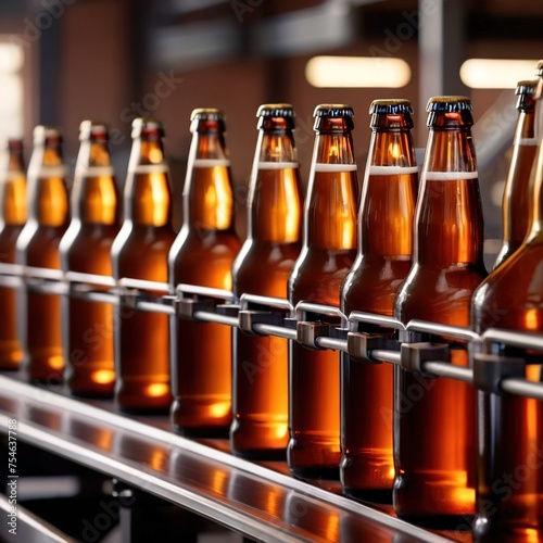 Assembly line bottling plant with glass beer bottles  alcoholic beverage manufacturing production
