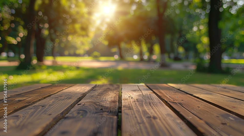 Wooden table top with copy space. Park background