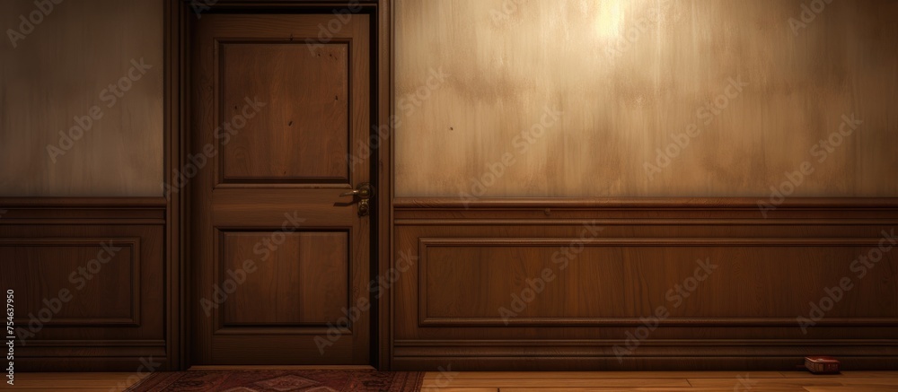 A room with a door and a rug on the floor, where a small secret door is hidden along the baseboard. The room appears to be simple yet functional, with the rug adding a touch of warmth and comfort to A room with a door and a rug on the floor, where a small secret door is hidden along the baseboard. The room appears to be simple yet functional, with the rug adding a touch of warmth and comfort to