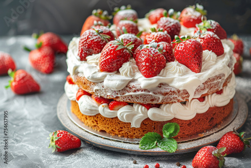 On weekends, I enjoy making cakes with lots of fresh strawberries at home. Handmade and sweets concept.