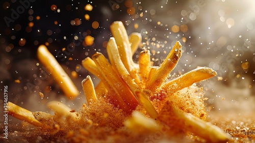 Bright background highlighting frozen fries in mid-air