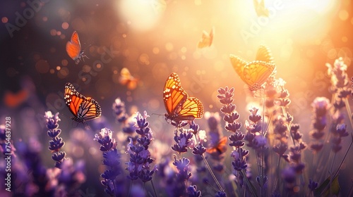 Butterflies fluttering around lavender in a sunlit meadow © Oranuch