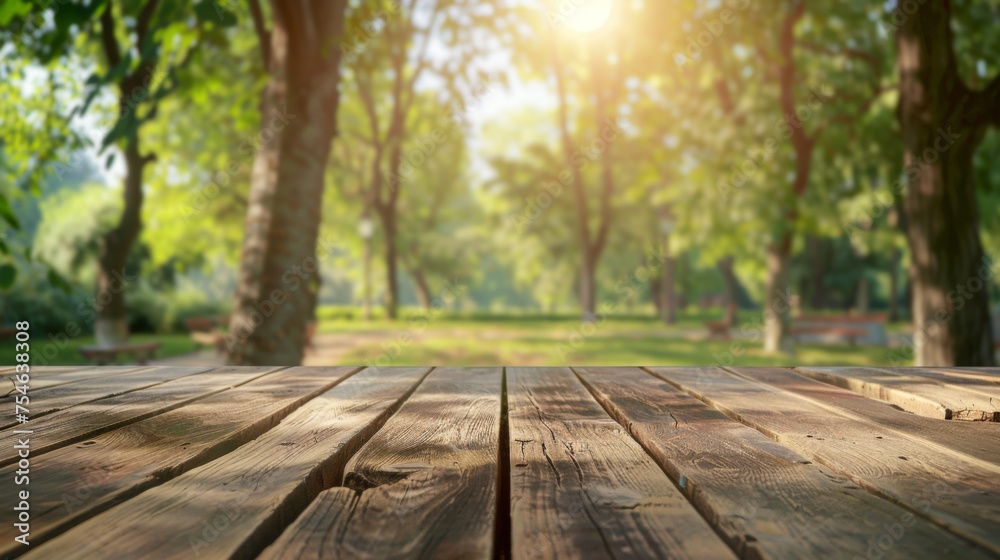 Wooden table top with copy space. Park background Wooden table top with copy space. Park background
