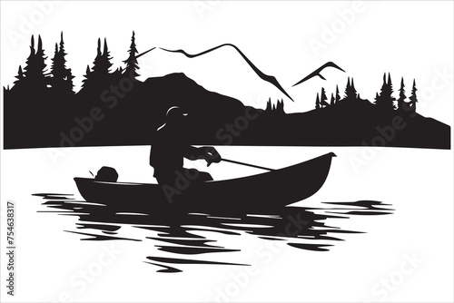 Fisherman in boat silhouette  Vector illustration