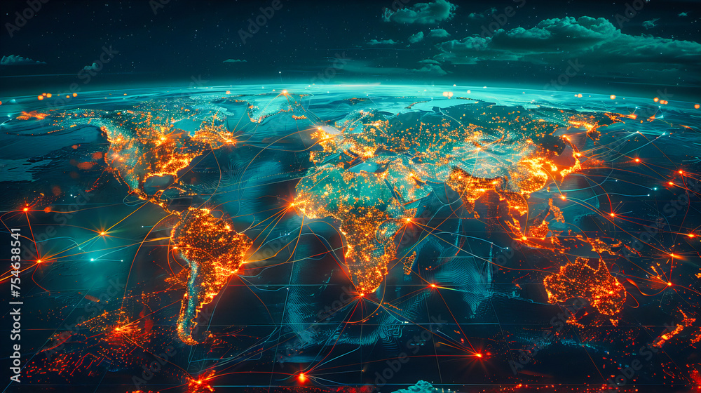 Obraz premium Global Connectivity: The Earth Illuminated by Networks, Symbolizing the Interconnectedness of Modern Life