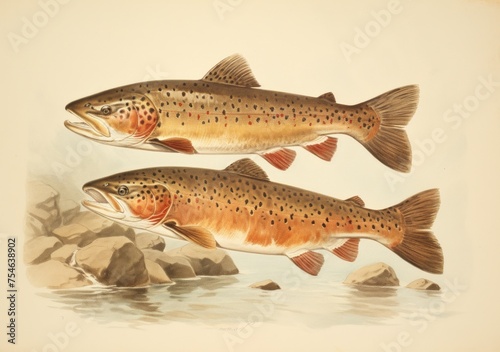Trout fish out of water beside the rocks and river,bright pink background.