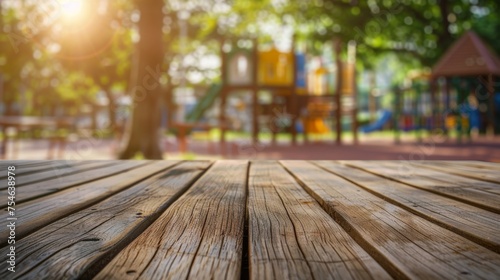 Wooden table top with copy space. Playground background