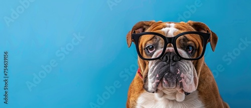 funny dog - english bulldog wearing groucho marx glasses with sulking expression photo