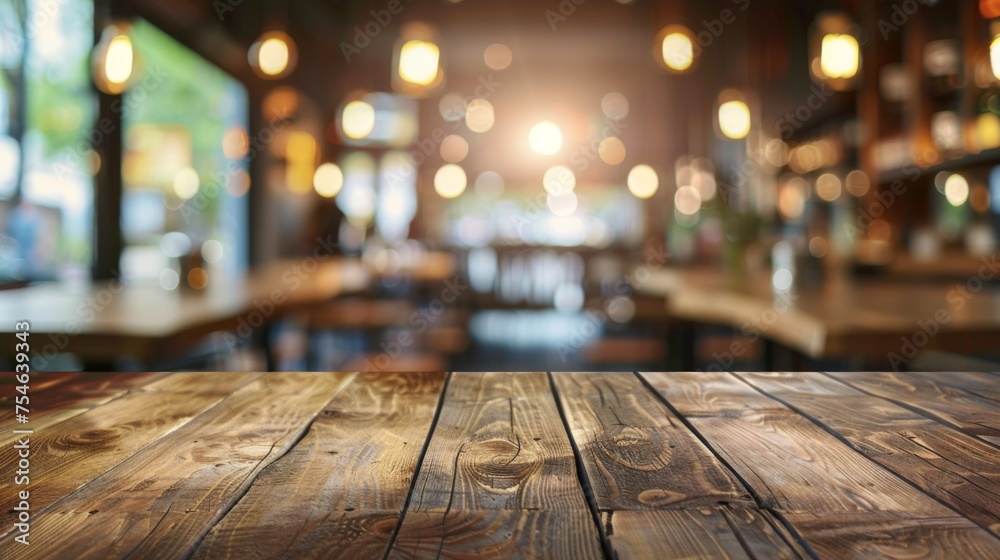 Wooden table top with copy space. Restaurant background