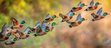 Side view of eurasian teal birds with colorful plumage flying together in flock against blurred background