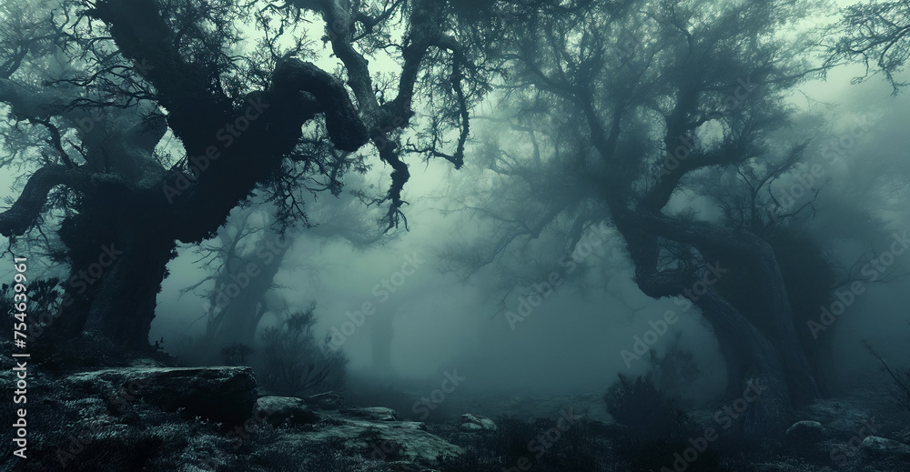 haunting scene as thick fog weaves through the twisted branches of ancient trees in a dense forest at dusk - Halloween background - Generative AI haunting scene as thick fog weaves through the twisted branches of ancient trees in a dense forest at dusk - Halloween background - Generative AI