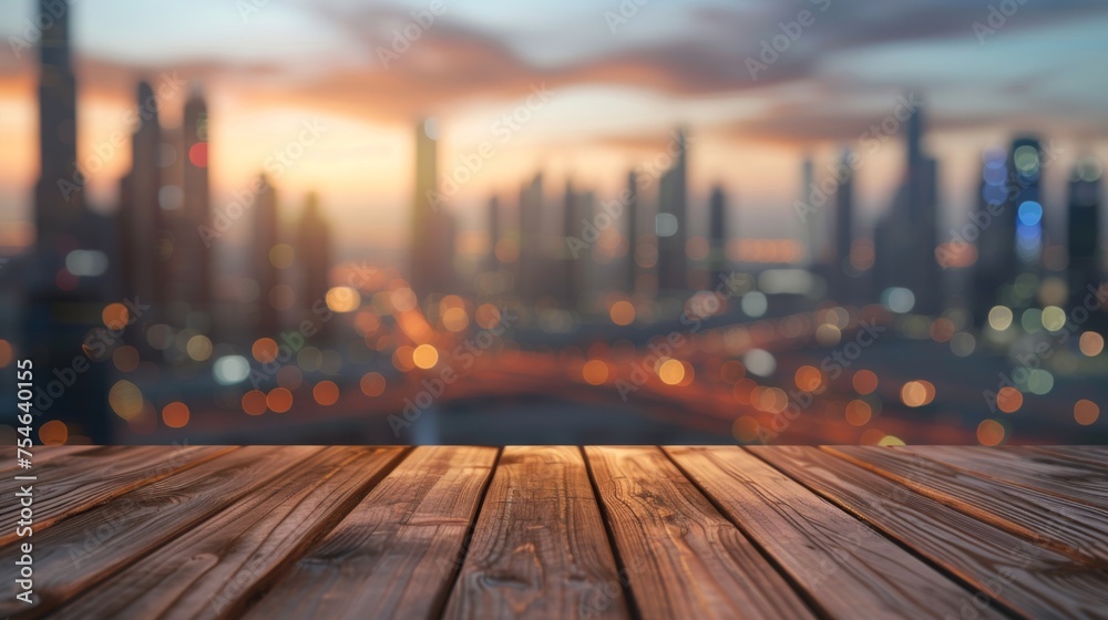 Wooden table top with copy space. Modern skyline background